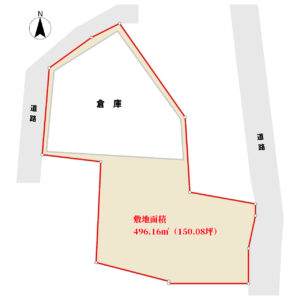 古倉庫付海望売地　南房総市白浜町滝口　496.16㎡（150.08坪）　1100万円 物件概略図