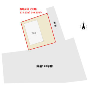 古倉庫付海前売地　南房総市和田町白渚　133.25㎡（40.30坪）　1450万円 物件概略図