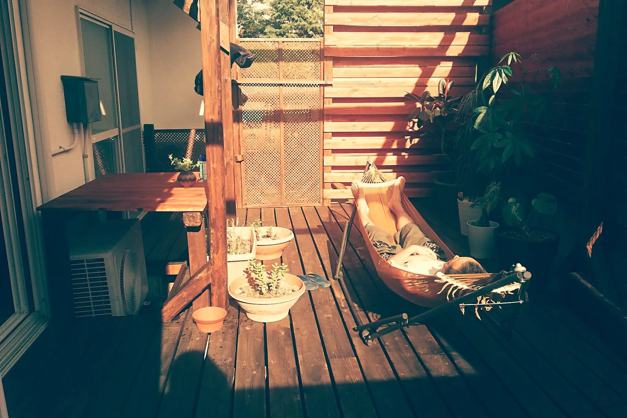 【DIYしたウッドデッキのハンモックでくつろぐご主人】