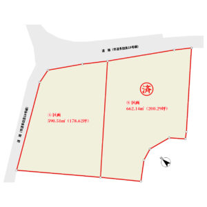 海浜売地 南房総市富浦町多田良 Ⓐ区画 590.51㎡(178.62坪) Ⓑ区画 662.14㎡(200.29坪)ご成約済 1400万円 物件概略図