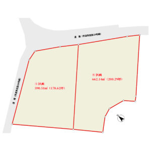 海浜売地　南房総市富浦町多田良　Ⓐ区画 590.51㎡（178.62坪）　Ⓑ区画 662.14㎡（200.29坪）　1400万円 物件概略図