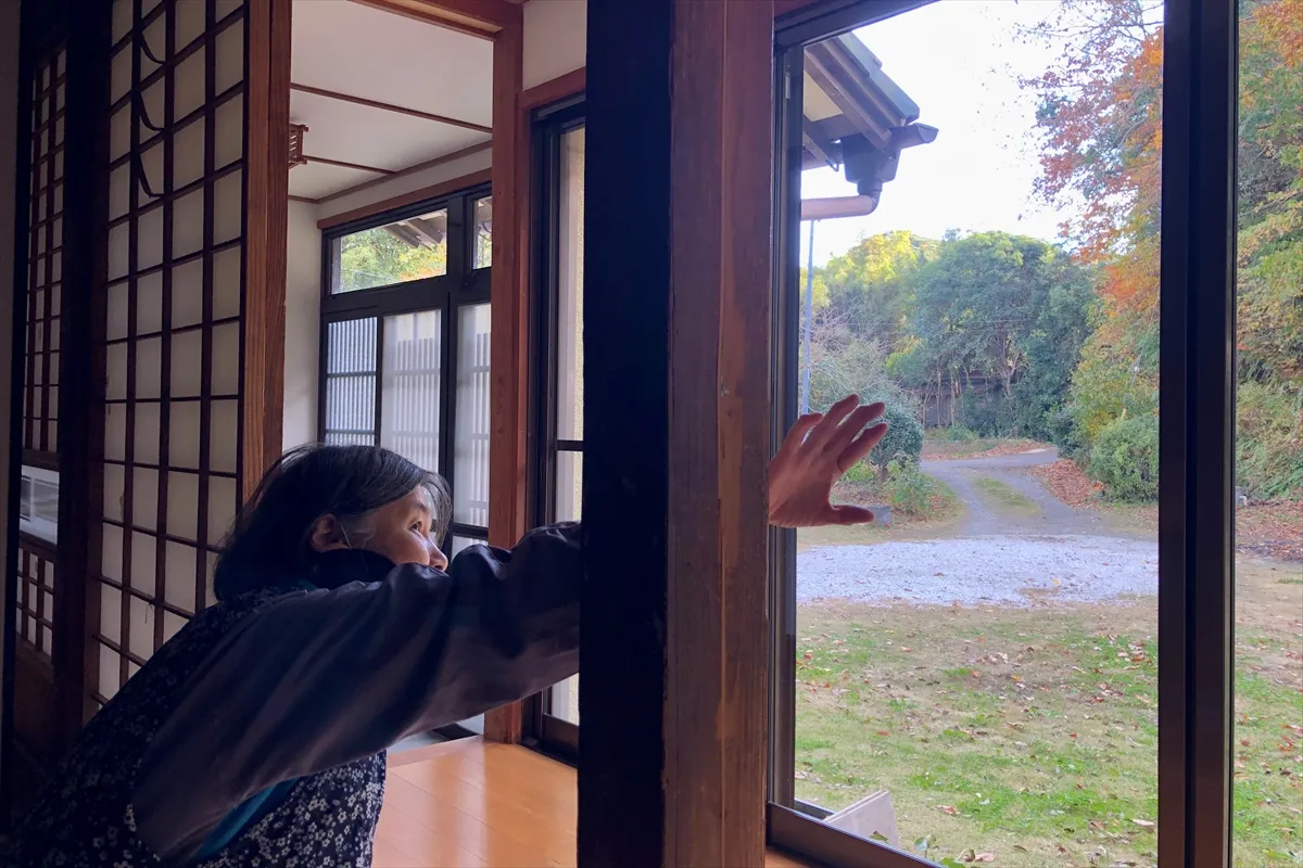 【玄関と窓から見える庭。木もれ日が入る】